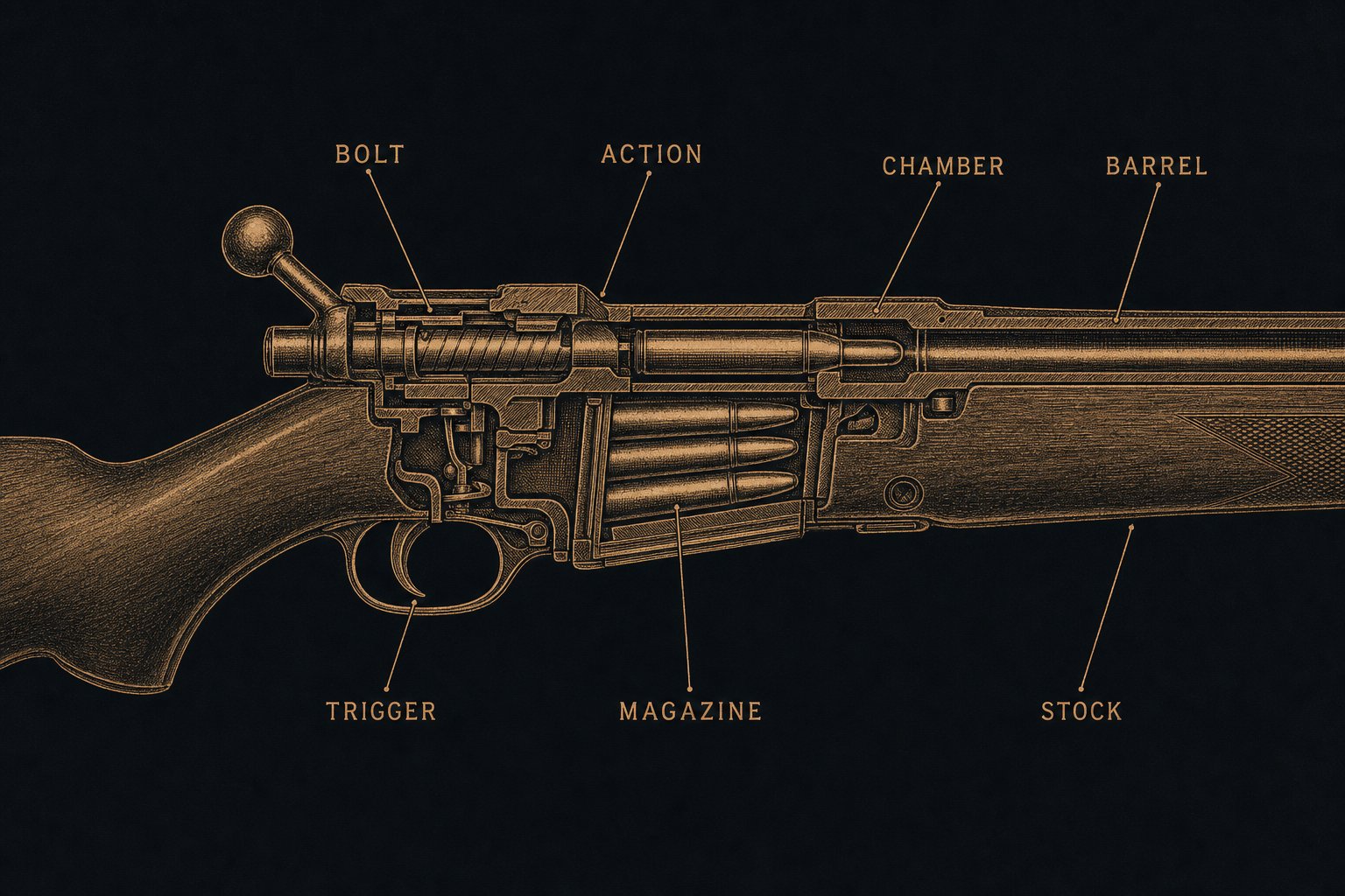 Bolt-action rifle cutaway labeling barrel, chamber, bolt, action, magazine, trigger, and stock.