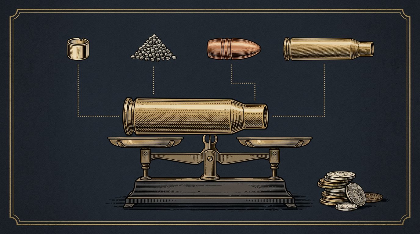 A loaded cartridge on a balance with primer, powder, bullet, and case floating above