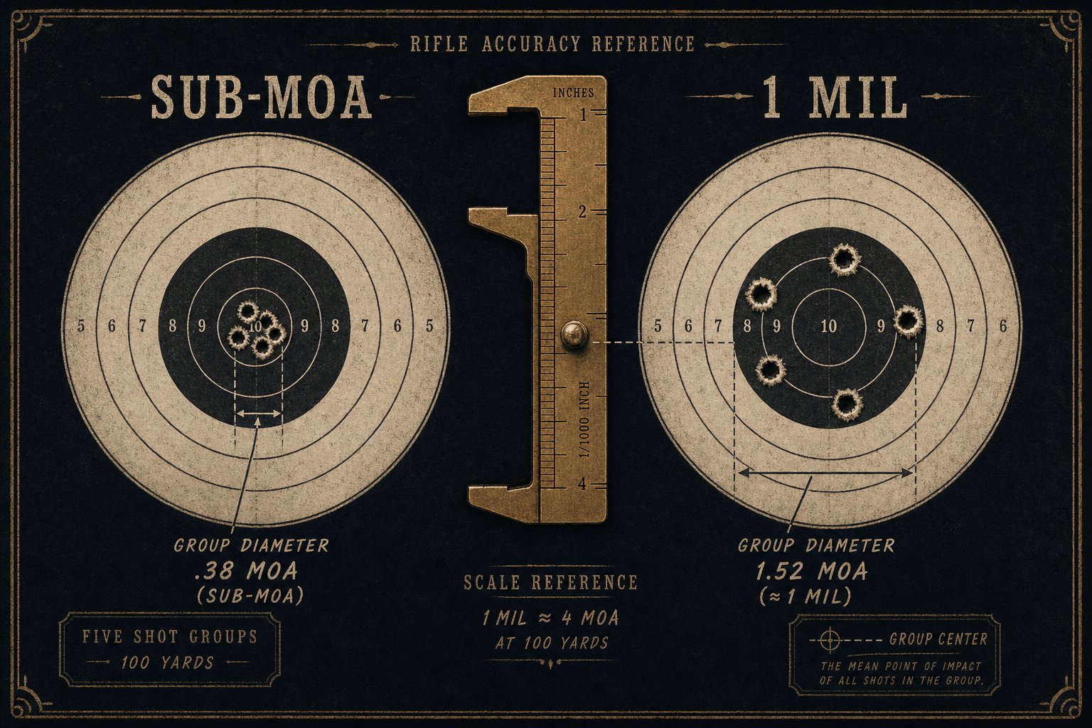 Two 100-yard rifle targets compared. The left target shows a sub-MOA five-shot group. The right target shows a 1 mil group covering roughly four times the area.