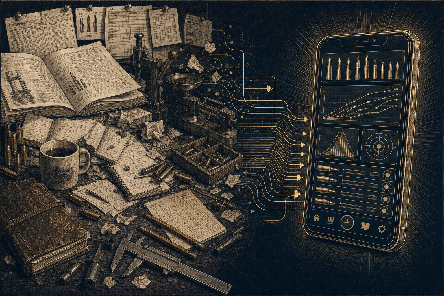 A cluttered handloader's bench of manuals, ledgers, calipers, scribbled notes, and brass cases, with thin lines flowing into a tidy phone screen of charts and rows