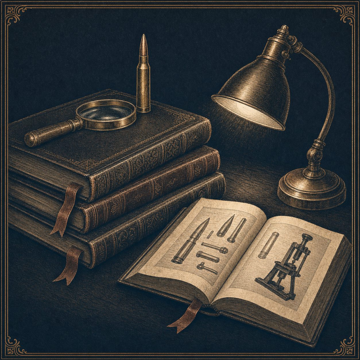 A stack of leather-bound reloading manuals with a desk lamp and an open reference book