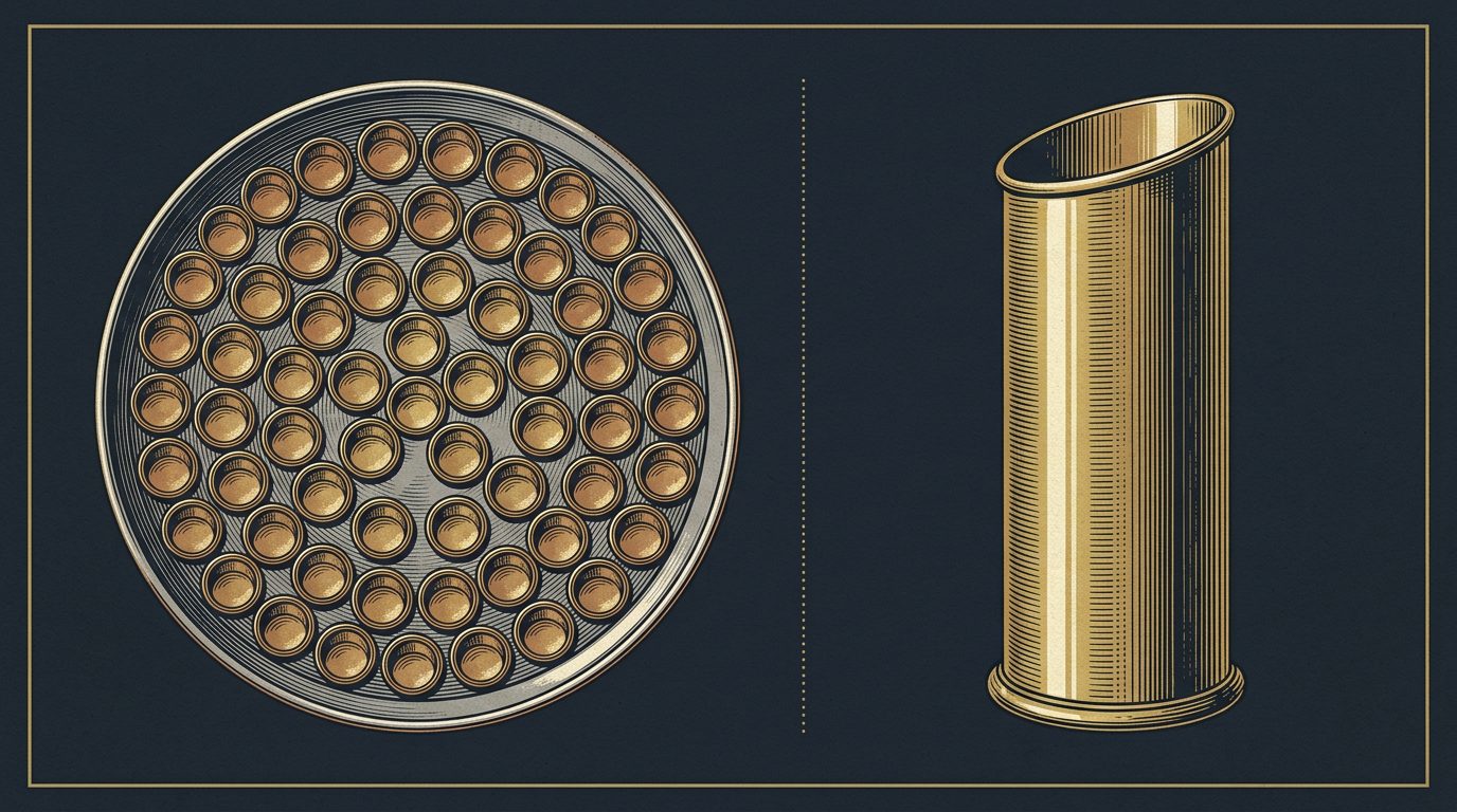 A primer flip tray with rows of cups beside a brass measuring hopper