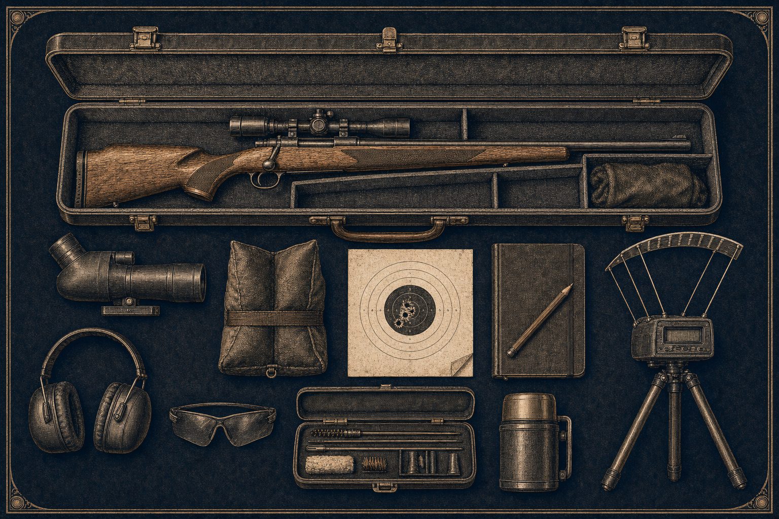 A range bag flat-lay with rifle case, spotting scope, ear muffs, chronograph, notebook, and target
