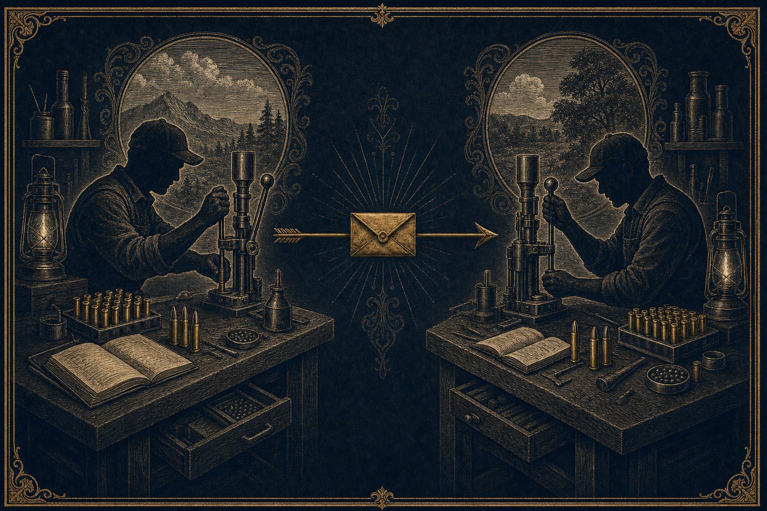 Two reloading benches connected by an envelope and arrow, suggesting a recipe being shared